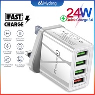 Myclong 36W Portable 4 Ports Smart USB Wall Charger QC3.0 Fast Charging Travel Phone Charger UK Plug Adapter Universal