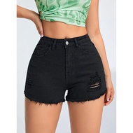 Ripped Black Denim Casual Slim-fit Multi-Craft Design Ladies Denim Shorts
