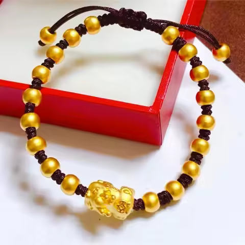 Chinese Pixiu Lucky Bead Gold Bracelet! 24K Gold AU999 Women's, Translucent Beads + Matte Pixiu, Adj