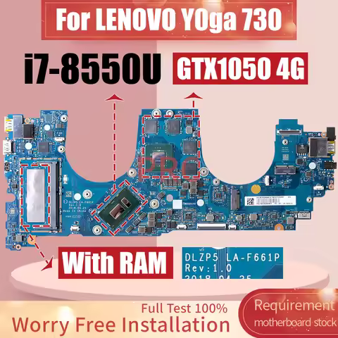 For LENOVO Y0ga 730-15ikb Laptop Motherboard LA-F661P SR3LC i7-8550U N17P-G0-A1 GTX1050 With RAM 5B2