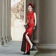 Women Traditional Stage Performance Sleeveless Cheongsam Banquet Evening Party Aodai Dress