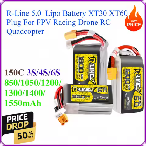 R-Line 5.0 150C 3S/4S/6S 850 1050 1200 1300 1400 1550mAh Lipo Battery XT30 XT60 Plug For FPV Racing 