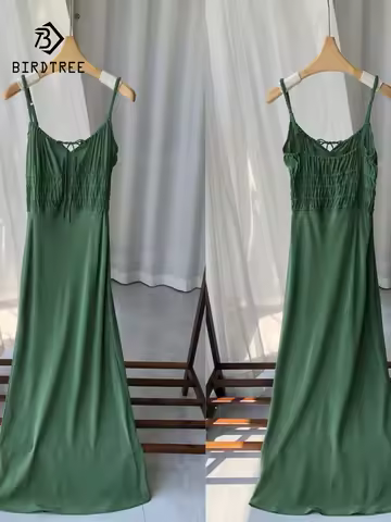 BirdTree, 100%Real Silk Eleagnt Dresses, Women's Spaghetti Strap Solid, Vacation French Slim Dress, 