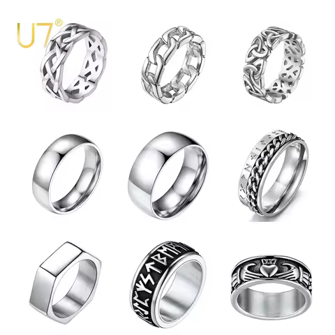 U7 6.5-9mm Width Band Rings Plain Glossy Celtic Knot Chain Rings for Man Women Couple Ring 316L Stai