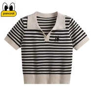 Pancoat Striped Polo Collar Short Sleeve T-shirt Summer Slimming Loose Hong Kong Style Short Top Sweater
