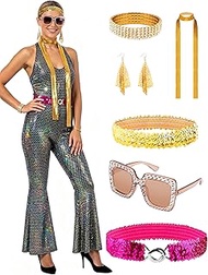 70s Women Disco Fashion Jumpsuit Costume Accessories Set with Scarf Earrings Bracelet Glasses Belt f