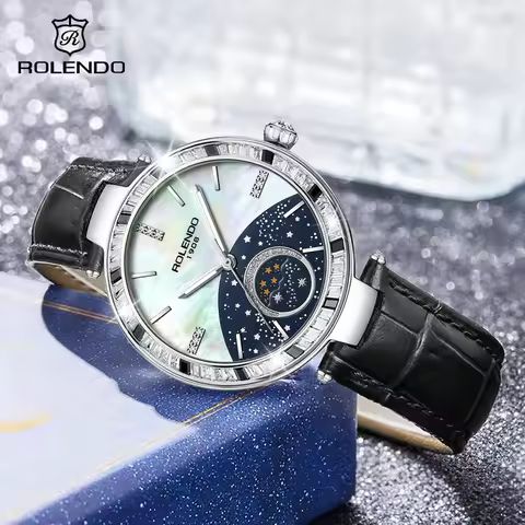ROLENDO Ladies Automatic Watch35mm Sapphire Crystal CZ Diamond Bezel Luminous Calendar WR 50m Mechan