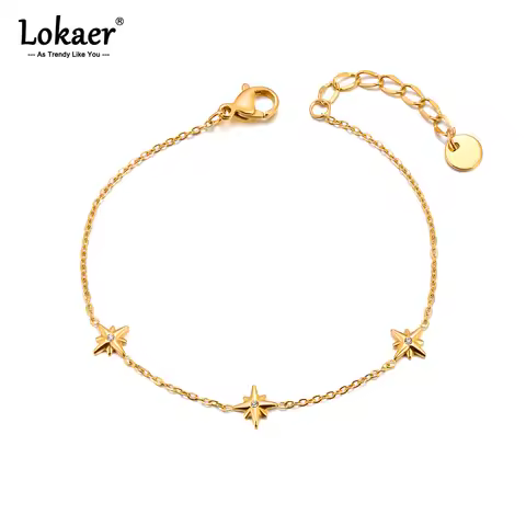 Lokaer Trendy Eight Pointed Star Cubic Zirconia Bracelet 316L Stainless Steel 18K Gold Plated Jewelr