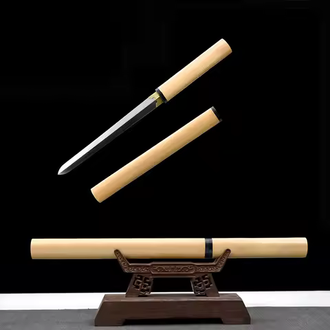 Chinese Sword,Real Steel Sword, Shirasaya Wakizashi /Tanto Ken Blade Shape, Log Wood Saya Nature Col