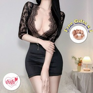 (40kg -60kg) Vivi Sexy Lingerie Secretary Lace Deep V Nightwear Dress Baju Tidur Seksi Wanita 性感连身裙