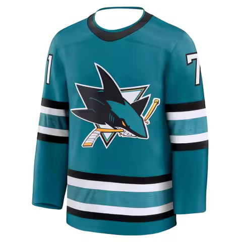 Hockey Jersey - Teal/Black/White Accents "Celebrini 71" Shark Logo Breathable Sports Jersey 3d HD Pr