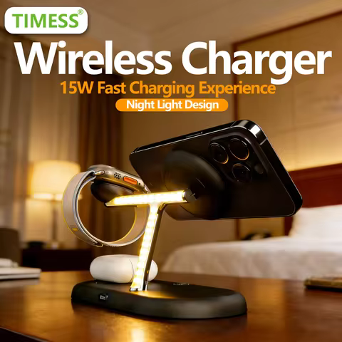 TIMESS NIGHT LIGHT Wireless Charger For iPhone17 16 15 14 PRO MAX For Airpods Pro For Apple Watch 3 