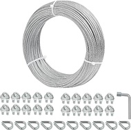 hannger 1/8 Galvanized Steel Wire Rope Cable, 100FT Galvanized Steel Cable with Rope Clamp and Thimb