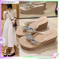 Plaid Shop * [KNM915T] Front 3.5cm Rear 7cm Wedge Flip-Flops Rhinestone Gem Decoration Round Head Th