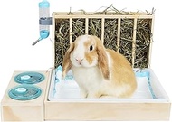 4 in 1 Rabbit Hay Feeder with Litter Box, Food & Water Bowls, Drinking Bottle, Pee Mats, for Guinea 