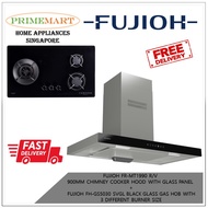 FUJIOH FR-MT1990 900MM CHIMNEY COOKER HOOD WITH GLASS PANEL+FH-GS5030 SVGL BLACK GLASS GAS HOB W/3 DIFFERENT BURNER SIZE