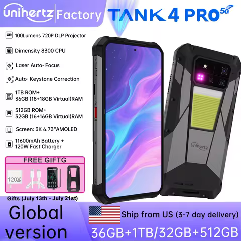 【Ship from US EU】Unihertz 8849 Tank 4 Pro Smartphone Android 14 with 720P Projector 36GB+1TB Dimensi