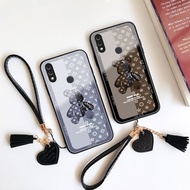 （Free lanyards）Glass Case For Huawei Y6 Y7 Y9 Prime Pro 2018 2019 Fashion Mechanical Bear Hard Phone Cover