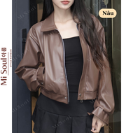 Áo Da Nữ Bomber Cổ Bẻ Bo Gấu Dáng Lửng MiSoul Áo Khoác Da Bo Chun Croptop BigSize Túi Cơi Bên Sườn 4