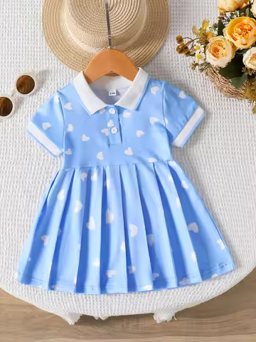 Baby Girl Blue Polo Dress with White Heart Print, Short Sleeve Collared Pleated Dress for Toddlers