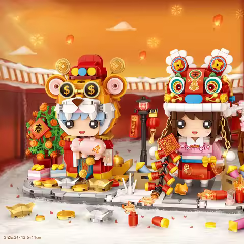 Creative Mini Block Tradition Chinese New Year Boy And Girl Figures Tiger Lion Dance Building Brick 