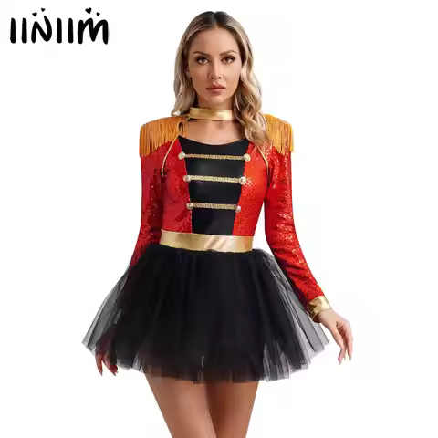 Womens Circus Ringmaster Majorette Marching Band Cosplay Costume Showman Lion Tamer Dress Sequin Tul