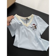 Xiyuyi Hello Kitty Thêu V Cổ Áo phông ngắn tay Cho Phụ Nữ