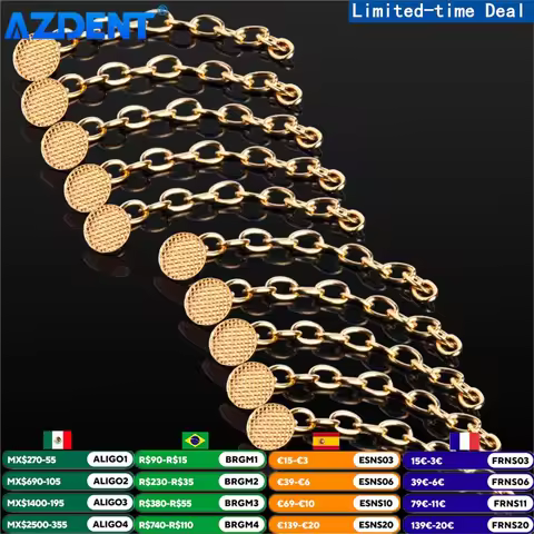 AZDENT 10pcs/Pack Dental Orthodontic Lingual Traction Chain Round Base Button Golden Gold Plated