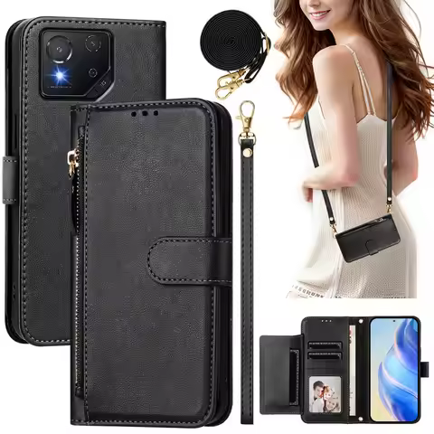 For Asus Rog Phone 9 FE 5G Zipper Wallet Case For Asus Zenfone 12 11 Ultra Crossbody Leather Book Co