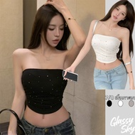 Glassy Sky 7/8 Tube Top With Foam Padding And Small Diamonds Plain Color Comfortable To Wear Soft Fa