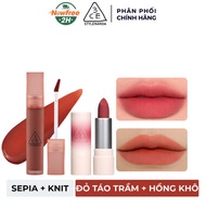 Combo 3CE Son Kem Lì Sepia - Đỏ Táo Trầm 4.6g + Son Thỏi 07 Knit - Hồng Khô 1.5g