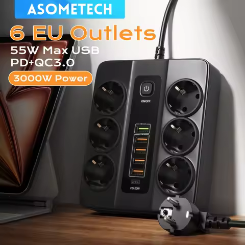 3000W Power Strip EU Plug Fast Charging Socket Extender Cord Extension Cable USB Charger Adapter 20W