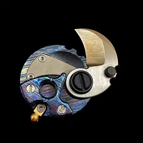Titanium/Zirconium Damascus M390 Steel Pendant Necklace - EDC Box Cutter Coin Knife Accessory