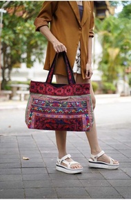 Big Shoulder Bag Embroidered Fabric With Zipper Hmong