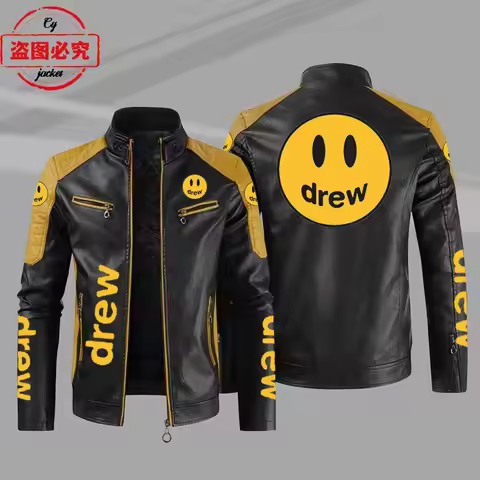 Drew Smiley Face Logo Printed Retro Washed PU Leather Jacket Windproof Jacket Autumn and Winter Men'