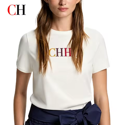 CH Women's White Short Sleeve T Shirt Slim Fit Crew Neck Color Letter Embroidery Breathable Cotton D