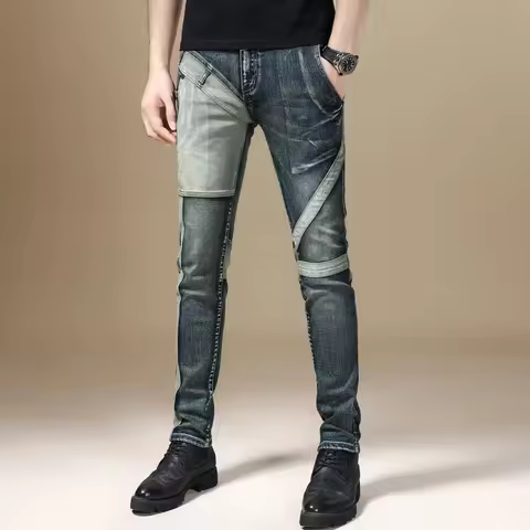 Tapered Skinny Slim Fit Jeans for Men Male Cowboy Pants Elastic Trousers Stretch Splicing Tight Pipe