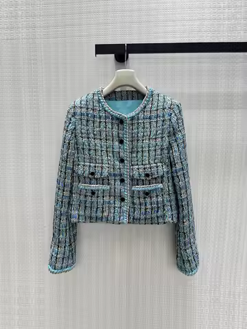 Spring Autumn Fashion Fresh Blues Tweed Straight Barrel Jacket Women's O-Neck Long Sleeve Button Poc