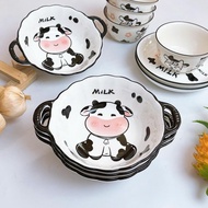 CR015 - 8-inch two-handled ceramic bowl, Dairy Cow cartoon, soup bowl, cute and spacious noodle bowl