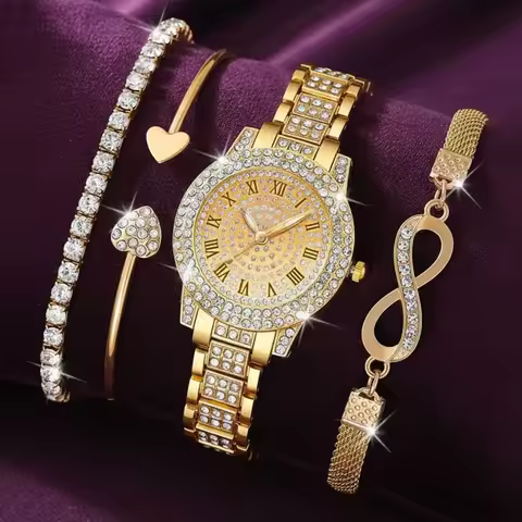 4 Pieces Fashionable Luxury Women's Watch Set with Rhinestone Roman Numbers Round Dial Watch Quartz 
