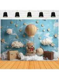 攝影背景生日冒險主題派對背景星星雲熊熊熱氣球裝飾藍色壁紙背景蛋糕碎淋浴派對橫幅塑膠