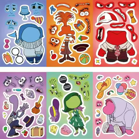 8/16Sheets Disney Inside Out Kids Make a Face Puzzle Stickers Game Sticker for Computer Notebook Sta