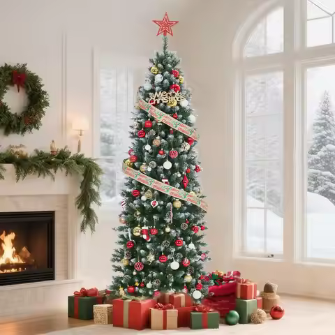 4.5-12FT Pre-Lit Slim Pencil Artificial Christmas Tree with Warm White LED Lights – Indoor/Outdoor H