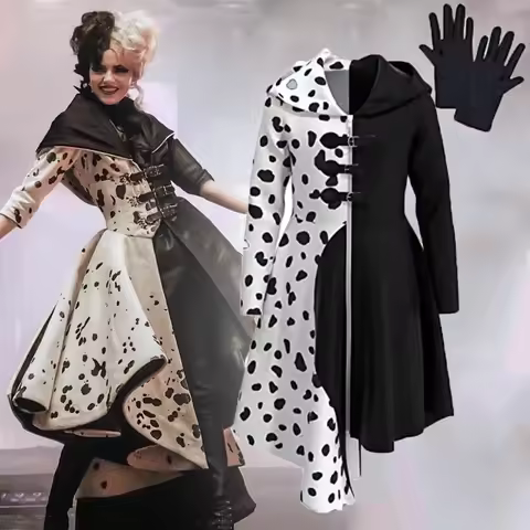 Cruella Dresses Cosplay Women Cruella Cosplay Costume Gothic Witch De Vil Curly Hair Wigs Headwear D