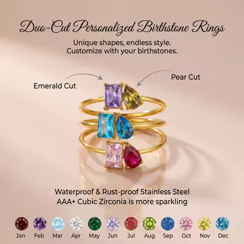 Personalized Toi et Moi Birthstone Ring Duo-Cut Stainless Steel Two Stone Ring Waterproof Non-Tarnis
