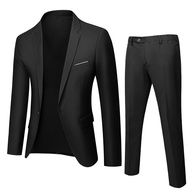 2Pcs/Set Men Suit Lapel Long Sleeve 3D Tailored Suit Coat Mid-rise Solid Color Long Pants Set Weddin