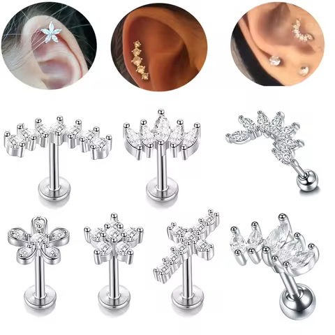 1PC Crystal Flower Tragus Piercing Earring 16G Cross Cartilage Piercing Stud Helix Jewelry Conch Roo