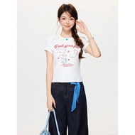 [Invoices Available🔥Sold 6.6w] White Korean Cat Printed Shoulder Short Sleeve T-shirt Women Korean S