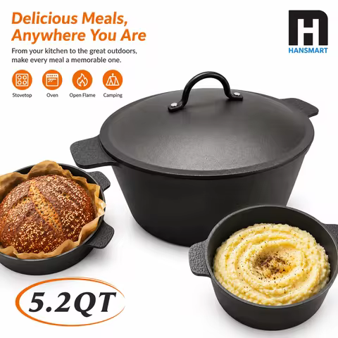 HANSMART 5.2Qt Lightweight Cast Iron Dutch Oven Honeycomb Base Non-Stick Cooking Pot With Lid Induct