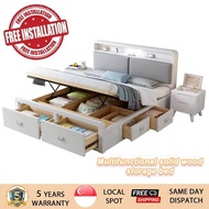 【Free Installation】HDB Storage Solid Wooden Bed Frame Storage Bed Single Bed/Super Single Bed/Queen Bed/King Bed/4 Styles and 3 Colours